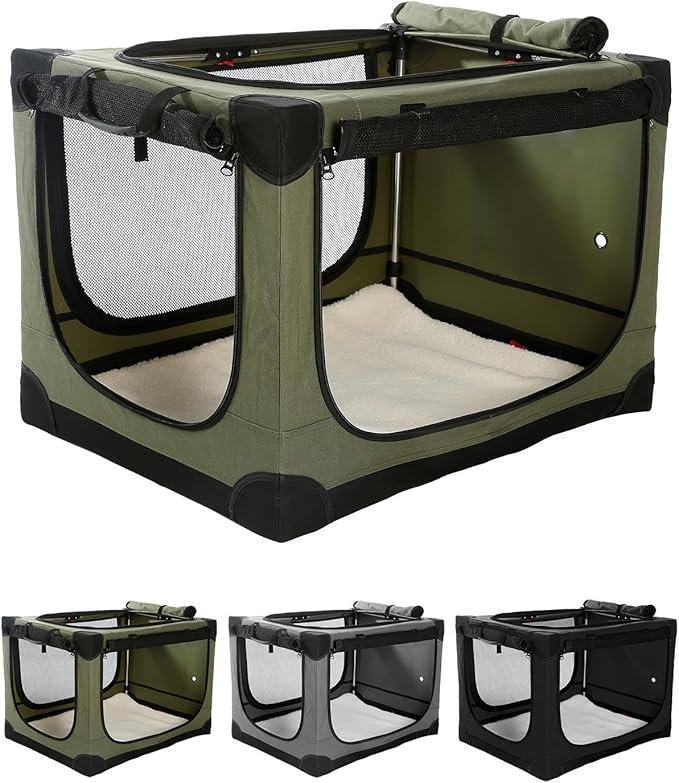 Veraste 30" L x 21" W x 21" H Collapsible Travel Dog Crate, Portable Soft Dog Kennel for Medium Dogs up to 45 lbs, 4-Door Foldable Travel Crate with Durable Mesh & Storage Bag, Green