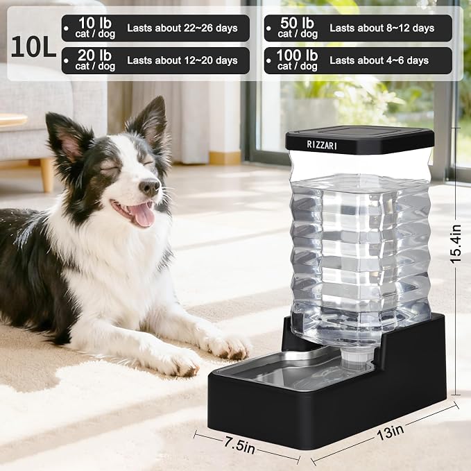 RIZZARI 10L Stainless Steel Dog Water Dispenser – Large Capacity Gravity Auto-Refill Waterer with Anti-Tip Design for Large Dogs, Ideal for Living Rooms, Offices & Indoor Pet Spaces