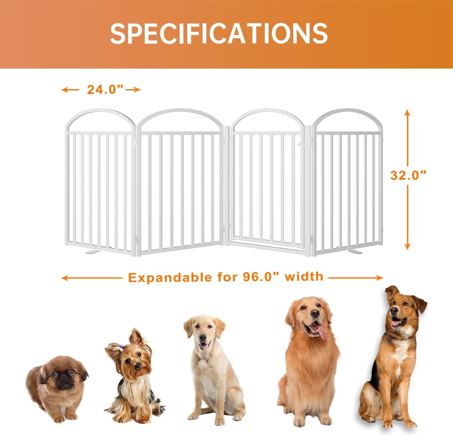 4 Panles Full Matel Freestanding Dog Gates with Door, 96"Extra Wide 32"Tall Free Standing Dog Pet Gate for Indoor & Outdoor. Foldable Pet Fences for Doorways, House, Stairs, Porch, Deck, Yard