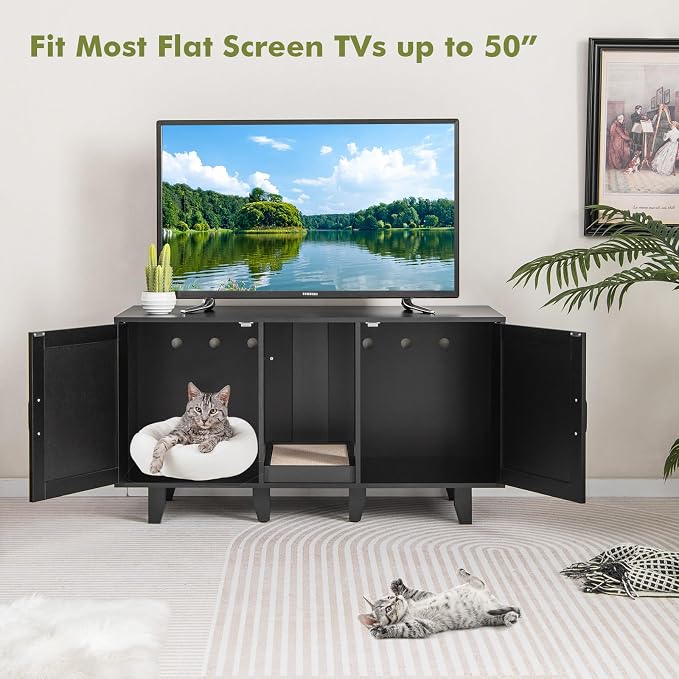 Tangkula Patented Double Cat Litter Box Enclosure for 2 Cats, Large Hidden Privacy Cat Washroom Cabinet with Scratching Board, Indoor Cat House TV Stand Side Table, Litter Box Furniture (Black)