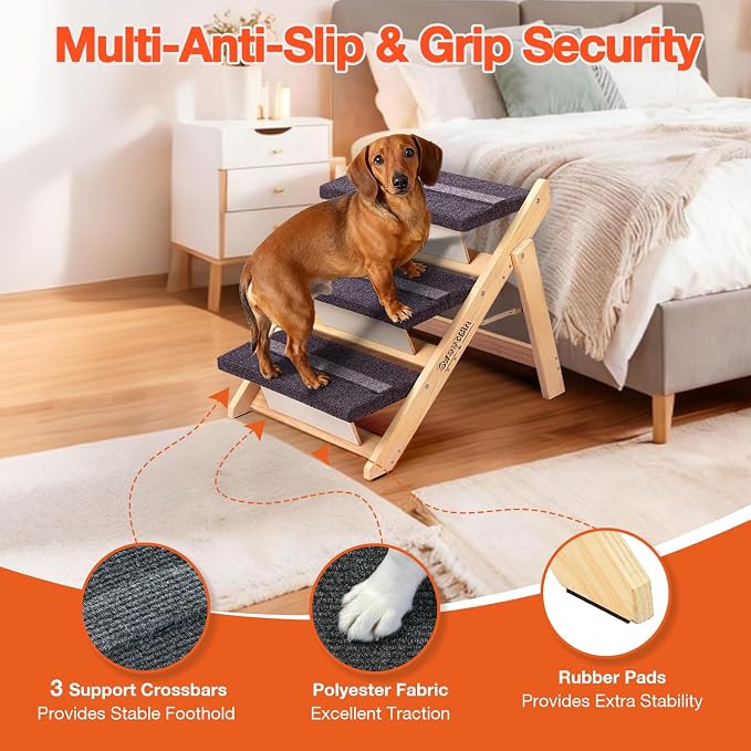 Wooden Dog Stairs& Dog Steps, 2-in-1 Foldable Dog Steps for Beds, Couch and Cars, Anti-Slip Pet Ramp with 3 Steps Indoor Pet Stairs for Small Medium Large Older Pet Cats up to 120lbs