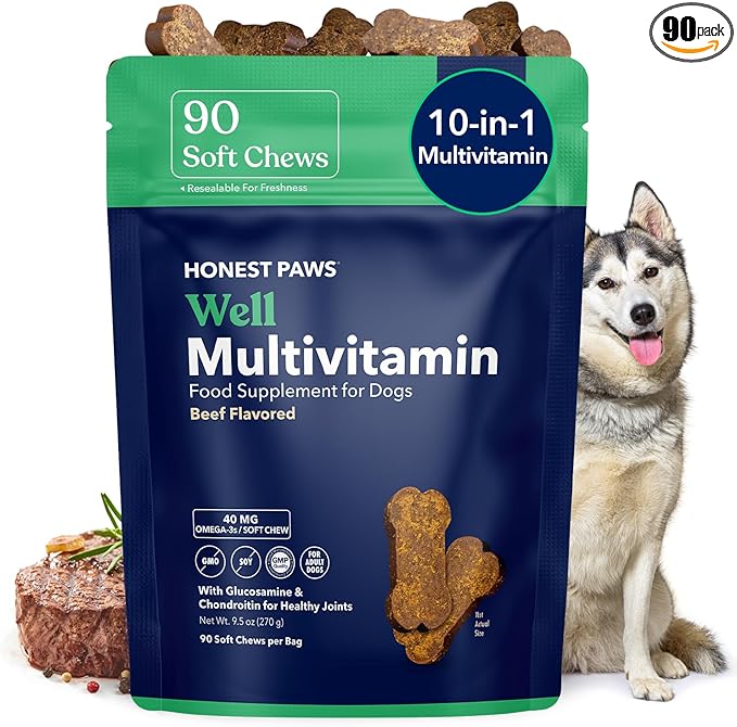 Honest Paws (90 Count) Dog Multivitamin Soft Chews with 10 Essential Vitamins - Joint, Coat, Immune, Eye & Heart Support - with Glucosamine, Chondroitin & Omega-3 - Beef Flavor