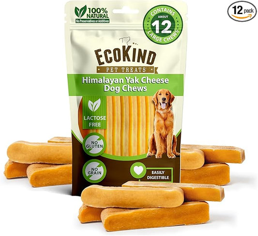 EcoKind Yak Cheese Himalayan Dog Chews, Yak Chews for Large Dogs, Long Lasting Bone for Aggressive Chewers, 3 Ingredient Natural High Protein Treats, No Additives or Lactose, Large - 12+ Chews (3 lbs)