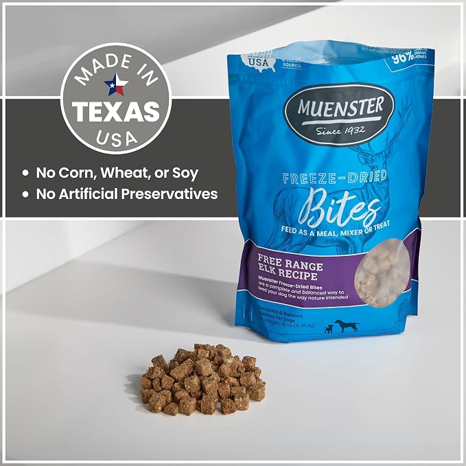 Muenster Freeze Dried Dog Food Topper Bites (5oz) - Farmhaus Elk Freeze Dried Dog Food w/Organic Minerals - Elk & Organ Meats Meal Toppers for Dogs - Dog Treats for Training