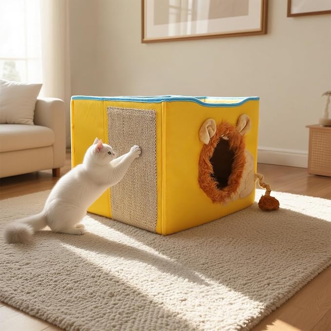 CWV Interactive Cat Toys for Indoor Cats, Kitten Toys with Scratch Pad， Cat Hideaway with Peekaboo Holes, Lion Cat House Cave with Soft Pillow