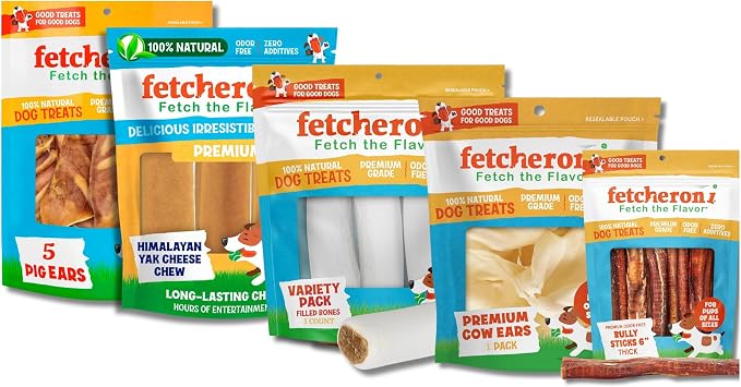 Dog Treat Variety Box - Variety Box Consists of 5 Pig Ears, 3 Yak Cheese Chews, 3 Bully Sticks, 2 Cow Ears, and 1 Dog Bone - Long Last Dog Chew Treats - All Treats are 100% Natural