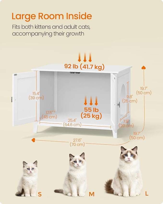 Feandrea Cat Litter Box Enclosure, Modern Hidden Cat Litter Box Furniture, Double Doors, Handles, Indoor Pet House Washroom, Living Room Side End Table, Cloud White UPCL015WB01
