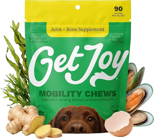 Get Joy Mobility Chew, Hip & Joint Supplement for Dogs, Vet Recommended Soft Daily Activity & Flexibility Support with Glucosamine, MSM & Green-Lipped Mussel, Made in USA, 90 Count