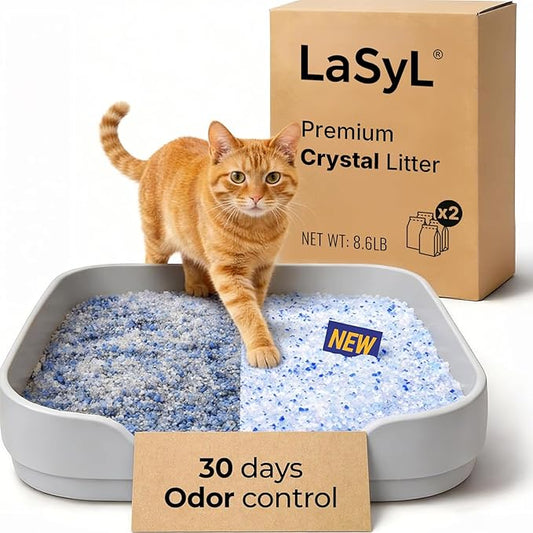 LaSyL Crystal Cat Litter for Multi-Cat Households - 8.6 lb Silica Gel, 30-Day Odor Control, 99.9% Dust-Free Non-Clumping Low Tracking Lightweight Unscented Formula (2 Bags x 4.3lb)