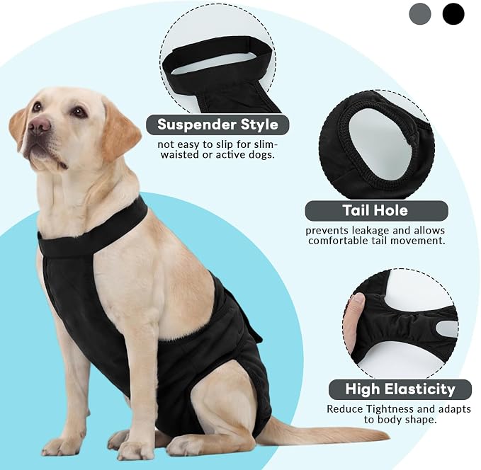 IDOMIK Reusable Female Dog Diapers, Washable Dog Period Diapers with Adjustable Suspenders, Leakproof Escape-Proof Sanitary Panties for Dogs in Heat Cycle, Incontinence, or Senior Dogs,Black,2XL