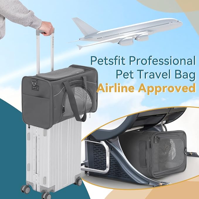 ‌Petsfit Airline Approved Pet Carrier for Small Cats, 15x8x10 TSA Approved Carrier, with Removable Dual-Sided Padding (2-Way Placement) - Fits Under Most Airplane Seats, Escape Proof (Grey)