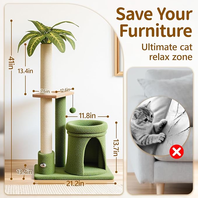 Cat Tree Tower Scratch Post Stand for Indoor, 41" Compact Palm Tree Kitten House Condo with Cozy Bed for Small Cats, Space Saving Design, Supports Climber Scratching Playing and Rest