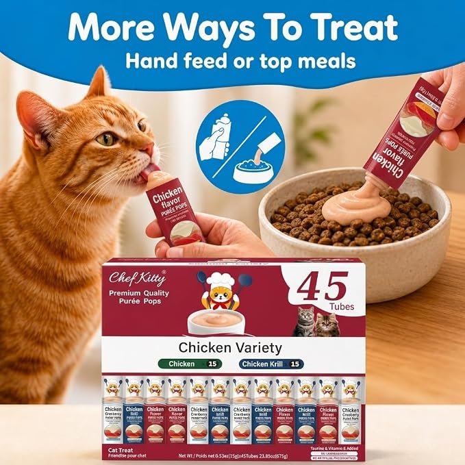 Purée Pops, Cat Treats, Grain-Free, Lickable, Squeezable Creamy Cat Treat/Topper with Vitamin E & Taurine, 0.5 Ounces Each Tube, 45 Tubes, Chicken Mix Variety