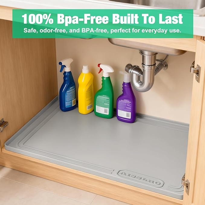 Aisslro Under Sink Mat 28" X 19", Waterproof Silicone Under Sink Mats for Kitchen, Anti-Leak Shelf Liner & Cabinet Protector with Raised Edge, [BPA Free] Bathroom Tray Home Organizer, Grey