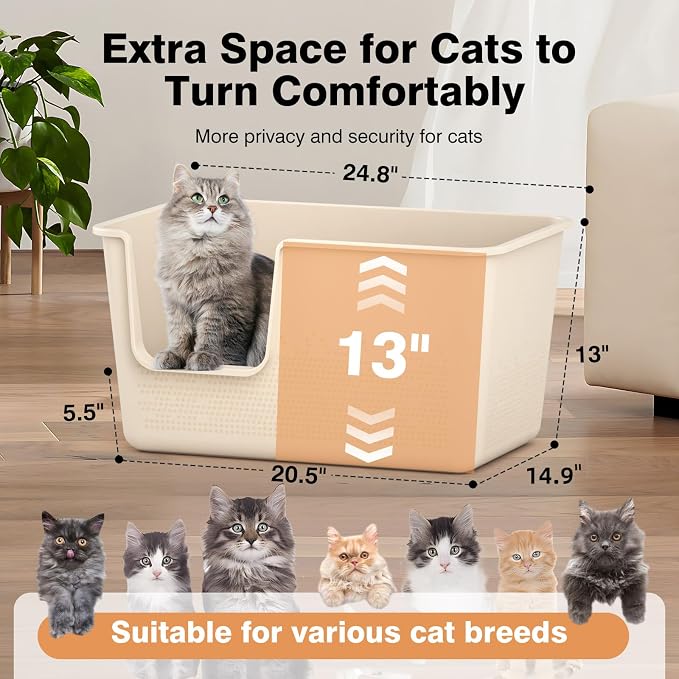 Cat Litter Box with High Sided,24.8" Lx14.9 Wx13.0 H,Extra Large Cat Litter Box for Big Cats,XL Jumbo Kitty Litter Box for Indoor Cats,Tool-Free Assembly (Beige)