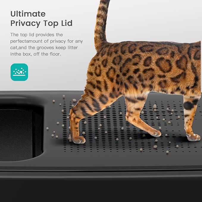 WoofiGo Enclosed Stainless Steel Cat Litter Box with Lid, XL Extra Large Litter Box for Big Cats, Metal Litter Pan High Sided, Never Absorbs Odors, Anti-Urine Leakage, Include Scoop (V-Black)