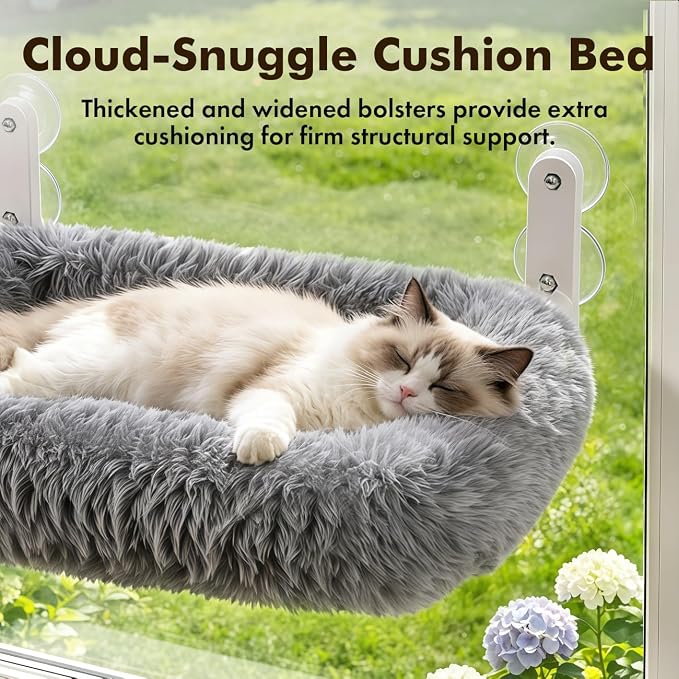 Zoratoo Cloud-Snuggle Cat Window Perch with 4-Sided Ultra-Thick & Fluffy Plush Cushion Bed, Foldable Cordless Cat Window Hammock for Window with Sturdy Metal Frame for Large Cats and Kittens (M, Gray)