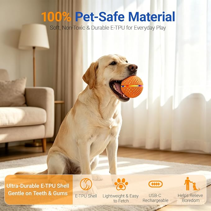 Interactive Dog Ball Toy for Small Medium Dogs – Automatic Rolling, Bouncing & Moving Dog Toy with LED Lights, 2-in-1 Fetch Toy, Durable E-TPU, USB Rechargeable (2.8” Orange)