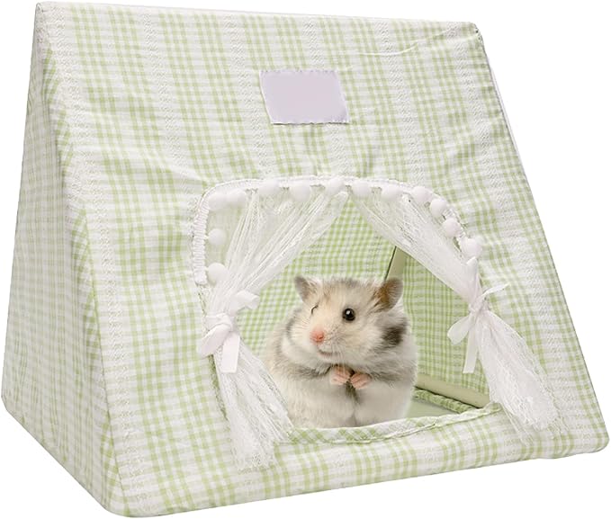 Hamster Hideout Tent with Curtain,Bunny Hideout, Machine Washable Guinea Pig Hide Tent Houses & Habitats, Triangular Hideout Shelter Small Animal Bed,Ferret, Rat, Chinchilla, Squirrel（Green）