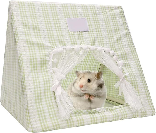 Hamster Hideout Tent with Curtain,Bunny Hideout, Machine Washable Guinea Pig Hide Tent Houses & Habitats, Triangular Hideout Shelter Small Animal Bed,Ferret, Rat, Chinchilla, Squirrel（Green）