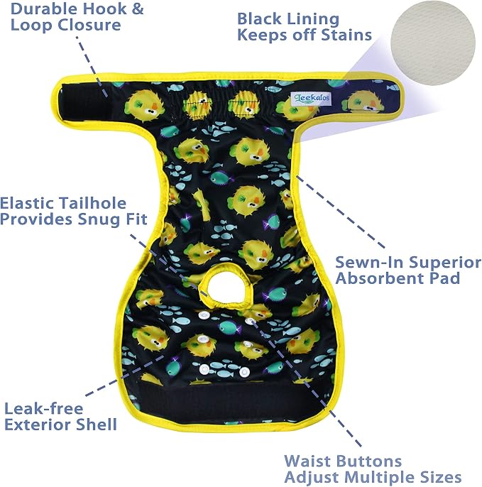 Leekalos Reusable Washable Dog Diapers Female (3 Pack) - Highly Absorbent Doggie Diapers - Size Adjustable Puppy Diapers for Dog Period Panties (X-Large, Globefish)