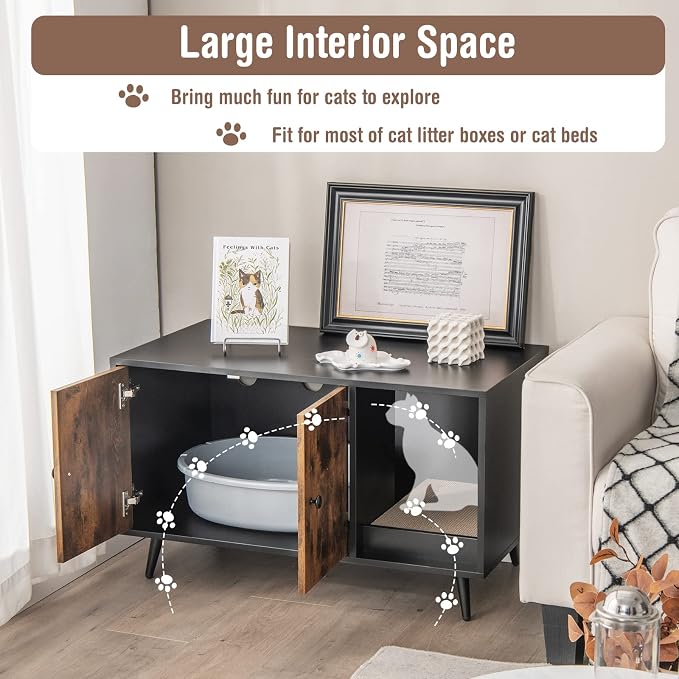 Tangkula Cat Litter Box Enclosure, Cat Washroom W/Divider, Scratching Pad, Metal Leg, Enclosed Cat Box Cabinet Pet House W/Double Doors, Litter Box Furniture Hidden for Large Cat (Rustic Brown)
