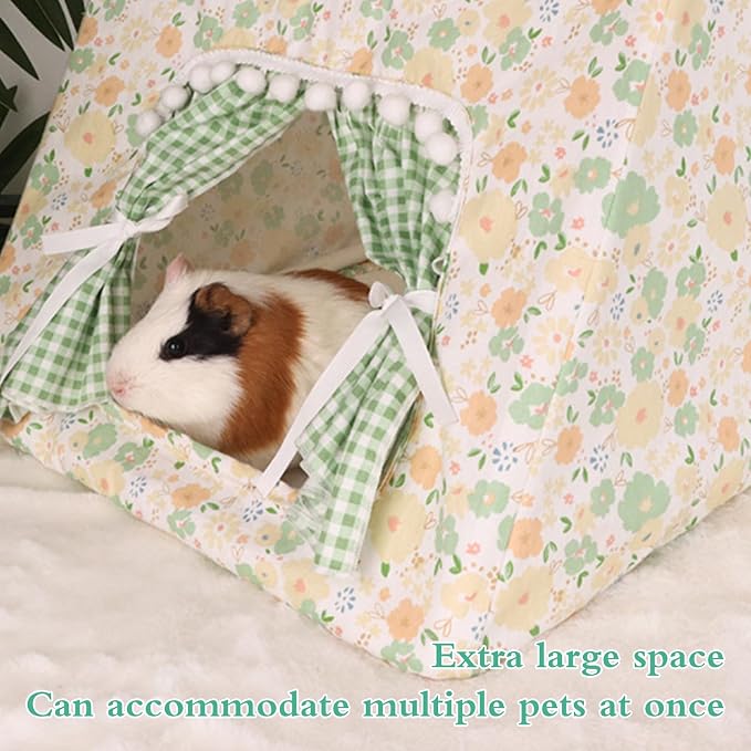 Hamster Hideout Tent with Curtain,Bunny Hideout, Machine Washable Guinea Pig Hide Tent Houses & Habitats, Triangular Hideout Shelter Small Animal Bed,Ferret, Rat, Chinchilla, Squirrel（Green）