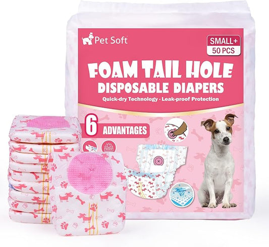 Pet Soft Disposable Dog Diapers - Female Dog Diapers with Adjustable Foam Tail Hole, Ultra Protection Puppy & Cat Diapers Wetness Indicator for Dogs in Heat or Incontinence,50pcs (S+,Red)