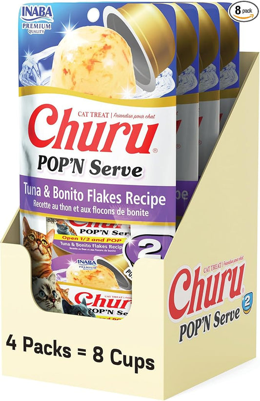 INABA Churu Pop'N Serve Jelly Cat Treat with Vitamin E & Taurine, 1.2 Ounce Cup, 8 Cups, Tuna & Bonito Flakes Recipe
