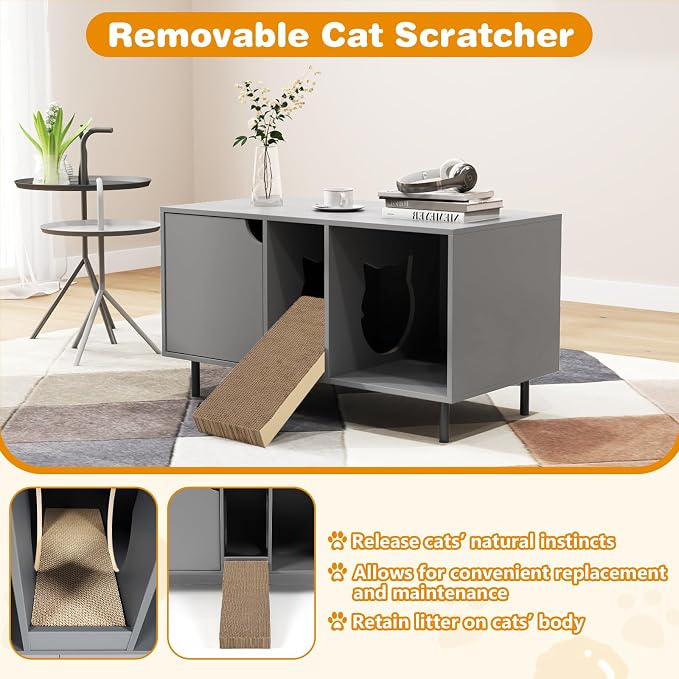PETSITE Cat Little Box Enclosure, Litter Box Furniture with Removable Scratcher, Metal Legs, Cat Box Enclosure End Side Table, Hidden Litter Box Furniture, 40 x 21 x 22 inches (Grey)