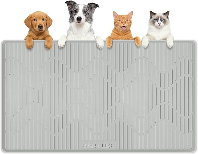 Silicone Cat & Dog Food Mat, 36" x 24" Large Pet Feeding Mat for Cats and Dogs Bowl, Pet Placemat for Food and Water with Raised Edge, Waterproof, Leakproof (Grey)