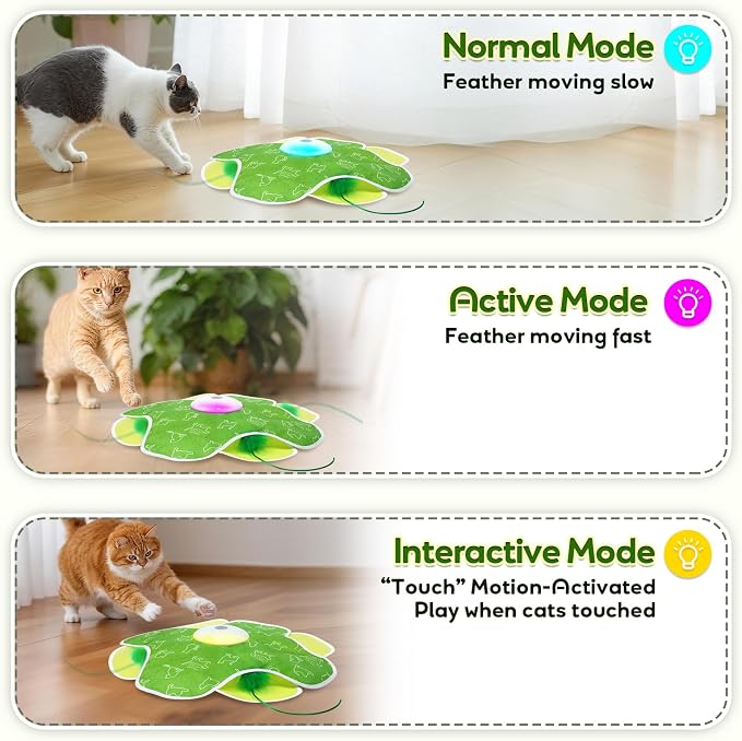Saolife Interactive Cat Toys with Moving Feather Concealed in Mat, Rechargeable Cat Exercise Toys for Bored Cats with Motion Activated, Mouse Squeaky (Green)