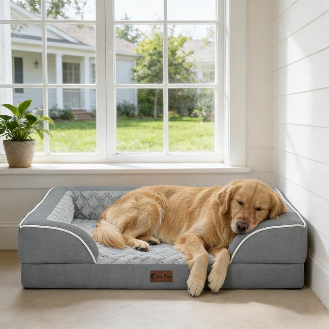 Orthopedic Dog Beds for Large Medium Sized Dogs 36x27 Inch, Medium Waterproof Memory Foam Dog Sofa Bed with Removable Washable Cover Pet Couch with Bolster, Grey