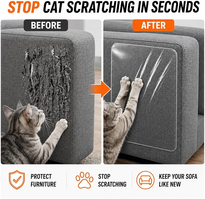 Cat Scratch Furniture Protector 12-Pack – [Non-Reflective] Frosted Matte Couch Guards, Invisible Self-Adhesive Deterrent Tape for Fabric Sofa, No Residue & No Pins, Anti-Scratch Film for Walls