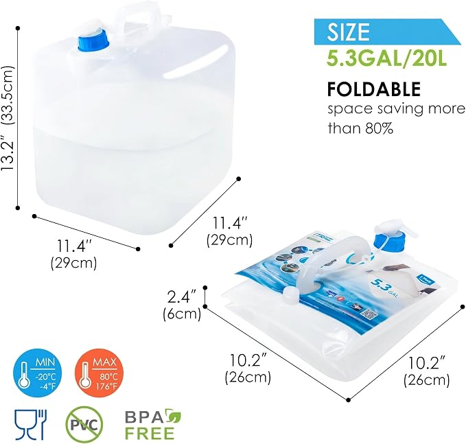 Collapsible Water Container with Spigot & Vent, 5.3 Gallon BPA Free Camping Water Storage Jug, Portable Water Carrier for Outdoors Hiking Backpack & Emergency Survival, Hurricane and Drought