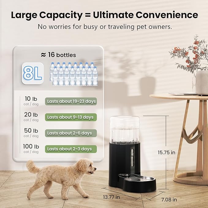 CZPET Dog Water Bowl Dispenser 8L, Wider Mouth & Upgraded Brush for Easy Cleaning Automatic Cat Gravity Refilling Waterer with Removable Stainless Steel Bowl, Large Drinking Area for Multi-Pet (Black)