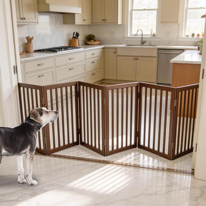 Dog Gate Indoor, Freestanding Dog Fence for The House, Doorways, Hallways,or Stairs,Pet Gate Foldable Wooden,Expandable 32" Height 6 Panels,Brown