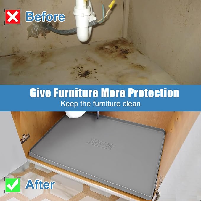 BEESVO Under Sink Mats for Kitchen Waterproof, 28" x 22" Silicone Under Sink Liner Kitchen & Bathroom Cabinet Protector Mat, Heavy Duty Flexible Under Sink Drip Tray with Lip, Cool Grey