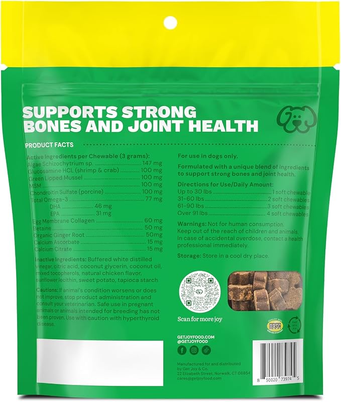 Get Joy Mobility Chew, Hip & Joint Supplement for Dogs, Vet Recommended Soft Daily Activity & Flexibility Support with Glucosamine, MSM & Green-Lipped Mussel, Made in USA, 90 Count