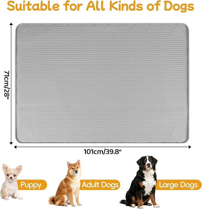 Dog Food Mat, 40" x 28" Large Silicone Mat Dog Feeding Mat with Raised Edge Non-Slip Pet Feeding Mat for Food and Water Bowl, Easy to Clean, Floor Protection (Gray)
