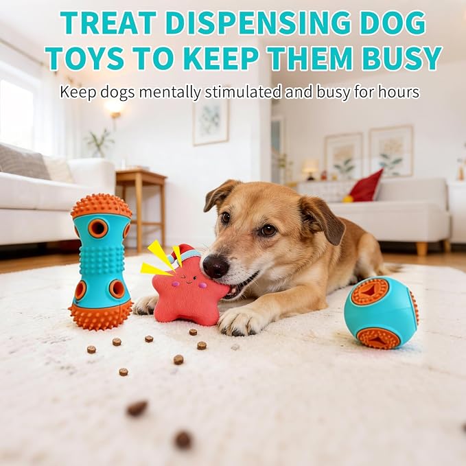 Dog Chew Toys 3 Pack, Squeaky Toy, Treat Dispensing Slow Feeder for Large and Medium Dog, Multifunctional Teeth Cleaning and Gum Massage (Dumbbell-Ball-Star)