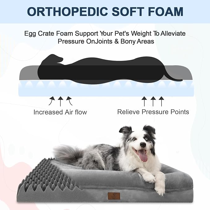 Large Orthopedic Dog Bed for Large Dogs, Waterproof Dog Bed with Removable Washable Cover, 4-Sides Removable Bolster Soft Pet Couch Sofa with Non-Slip Bottom for Big Dogs, Gray