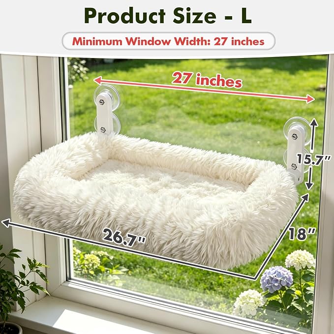Zoratoo Cloud-Snuggle Cat Window Perch with 4-Sided Ultra-Thick & Fluffy Plush Cushion Bed, Foldable Cordless Cat Window Hammock for Window with Sturdy Metal Frame for Large Cats and Kittens (L,White)