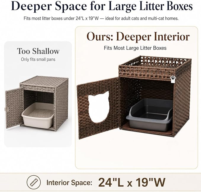 Handwoven Rattan Cat Litter Box Enclosure for Large Litter Boxes, Includes 1 Litter Mat & 2 S-Hook Attachments, Furniture-Grade Hidden House for Living Room, Bedroom, 24.6"x24"x19.88" Brown