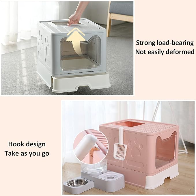 Cat Litter Box Foldable Portable Cat Litter Pan with Lid,Top Entry Litter Box Large Covered Cat Litter Box for Travel with Cat Litter Scoop,Brush and Garbage Bag