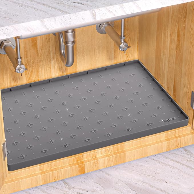 Sdpeia Under Sink Mat 28"×22" Waterproof Silicone Cabinet Liner & Sink Protector for Kitchen & Bathroom, Multi-Purpose Organizers Tray for Pets, Laundry, Cat Litter Mat,Gray