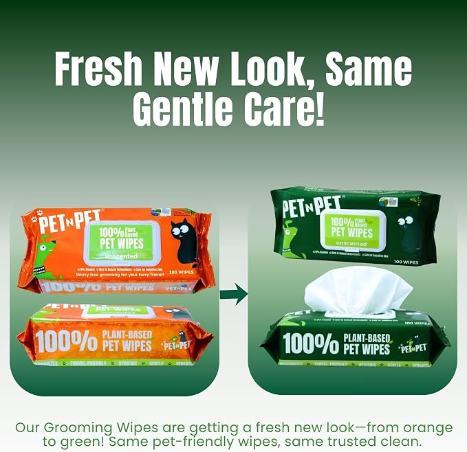 Pet N Pet 100% Plant Based Dog Wipes for Paws and Butt, 100 Counts Hypoallergenic Unscented Dog Pet Wipes, 8" x 8"
