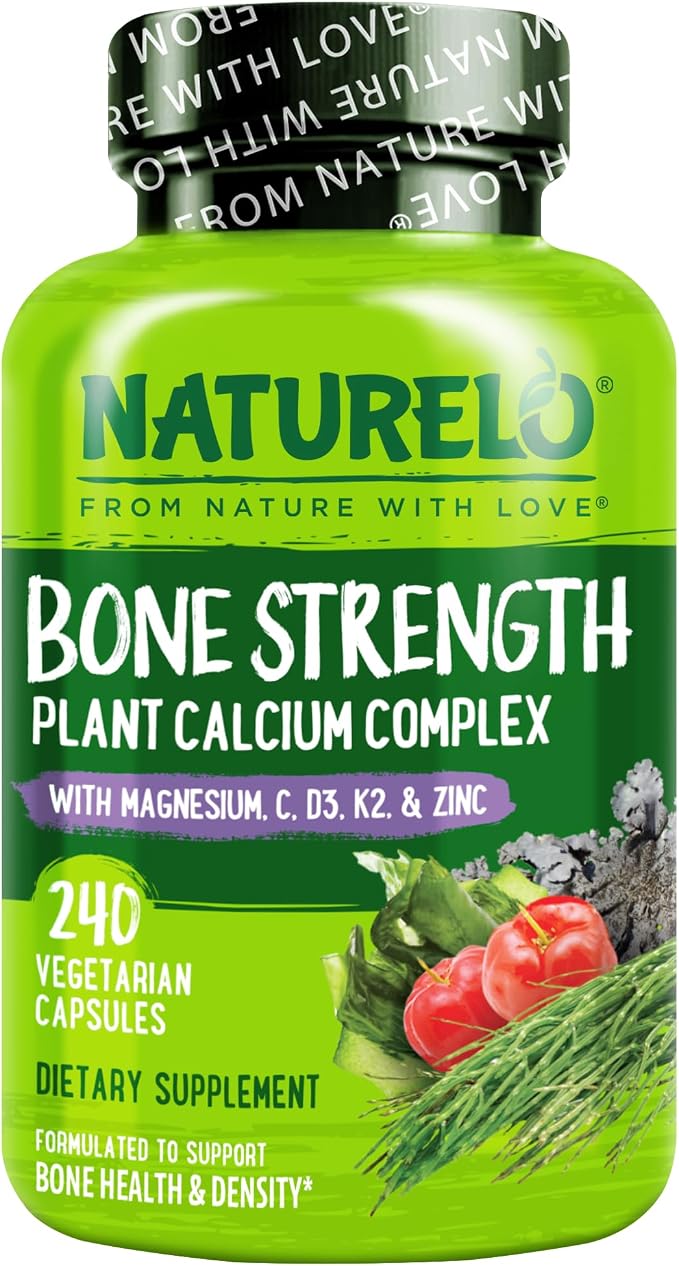 NATURELO Calcium Supplement - with Vitamin C, Vitamin D3, K2, and Calcium Magnesium Zinc for Bone Strength with Calcium 600mg - Plant-Based, 240 Vegetarian Capsules, Non-GMO, Soy & Gluten-Free