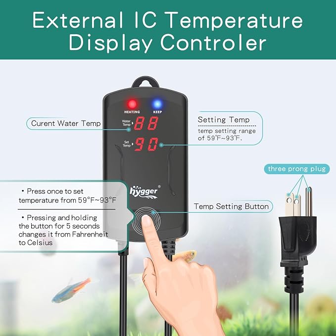 hygger 40-75 Gallon Aquarium Heater with LED Display Controller, Quartz Submersible Fish Tank Heater 300W for Saltwater Freshwater