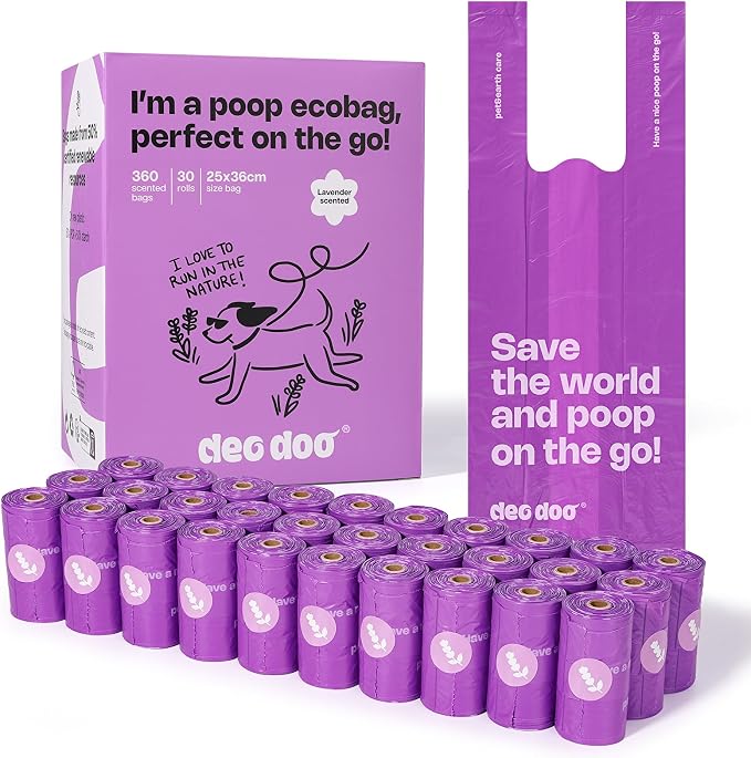 Deo Doo Dog Poop Bags with Handles 30 Rolls 360 Counts Big Sizes Leak Proof and Extra Thick Waste Bags Refill Rolls for Walking Small Medium Large Dogs Cats Litter Lavender Scented